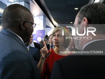 President of the Ile-de France regional council Valerie Pecresse (C, in red) visits the Salon des Entrepreneurs (Entrepreneurship fair) in P...