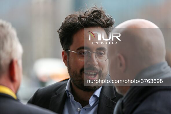 French Junior Minister for the Digital Sector attached to Finance Minister in charge of Public Action and Accounts Mounir Mahjoubi (C) visit...