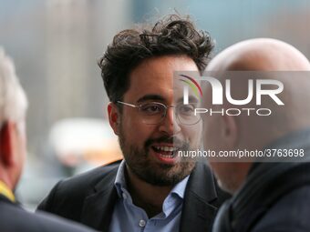 French Junior Minister for the Digital Sector attached to Finance Minister in charge of Public Action and Accounts Mounir Mahjoubi (C) visit...