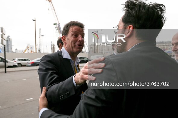 President of MEDEF (French employers' association) Geoffroy Roux de Bezieux (L) speaks with French Junior Minister for the Digital Sector at...