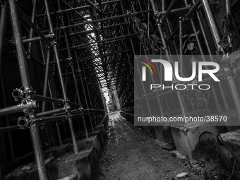 Scaffolding in the historic center of L'Aquila City, on January 11, 2014. (