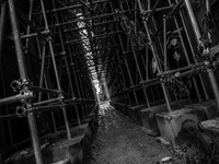 Scaffolding in the historic center of L'Aquila City, on January 11, 2014. (