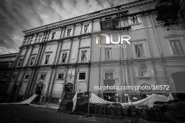 Archbishopri in the historic center of L'Aquila City, on January 11, 2014, severly damaged after the earthquake of April 6, 2009. 