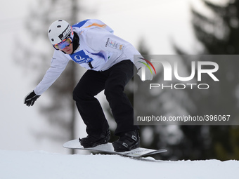 Jarryd Hughes from AUstria, during a Men's Snowboardcross Qualification round, at FIS Snowboard World Championship 2015, in Kreischberg. Kre...