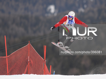 Kevin Klossner from Switzerland, during a Men's Snowboardcross Qualification round, at FIS Snowboard World Championship 2015, in Kreischberg...