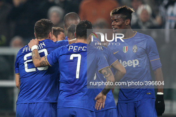 Juventus midfielder Roberto Pereyra (37) celebrates with his teammates after scoring his goal during the Coppa Italia round of 16 football m...