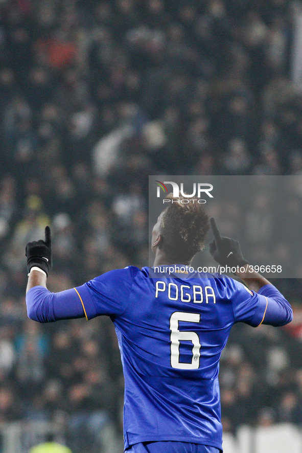 Juventus midfielder Paul Pogba (6) celebrates after scoring his goal during the Coppa Italia round of 16 football match JUVENTUS - TORINO on...