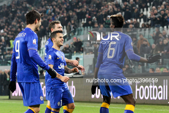 Juventus midfielder Paul Pogba (6) celebrates with his teammates after scoring his goal during the Coppa Italia round of 16 football match J...