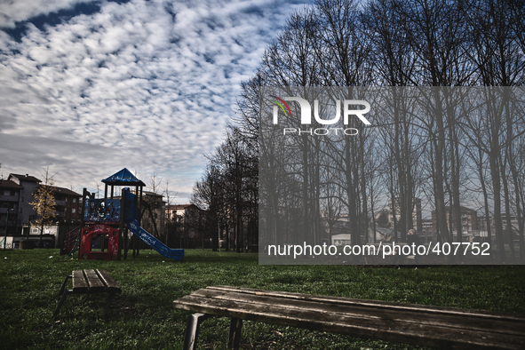 Women sitting in an empty park, in Novara, Italy.  Exporti is a reality tale made up out of mistakes and powerlessness. Exporti is an open-w...