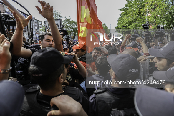 Protesters is arrested during a clash with police on a street in the Besiktas neighbourhood during a May Day demonstration on 1 May 2019 in...