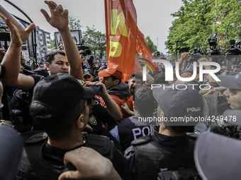 Protesters is arrested during a clash with police on a street in the Besiktas neighbourhood during a May Day demonstration on 1 May 2019 in...