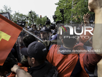 Protesters is arrested during a clash with police on a street in the Besiktas neighbourhood during a May Day demonstration on 1 May 2019 in...