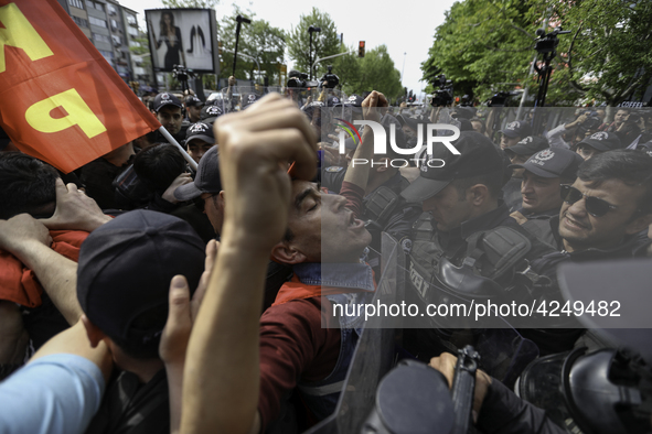 Protesters is arrested during a clash with police on a street in the Besiktas neighbourhood during a May Day demonstration on 1 May 2019 in...