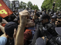 Protesters is arrested during a clash with police on a street in the Besiktas neighbourhood during a May Day demonstration on 1 May 2019 in...