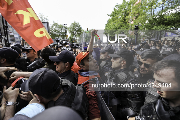 Protesters is arrested during a clash with police on a street in the Besiktas neighbourhood during a May Day demonstration on 1 May 2019 in...