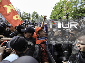 Protesters is arrested during a clash with police on a street in the Besiktas neighbourhood during a May Day demonstration on 1 May 2019 in...