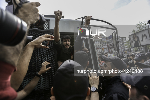 Protesters is arrested during a clash with police on a street in the Besiktas neighbourhood during a May Day demonstration on 1 May 2019 in...