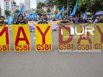 Jakarta, 01 May 2019 : "May Day" letters held during the demonstration. Thousands of Labor filled Merdeka Barat Street Jakarta celebrating M...