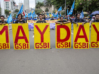 Jakarta, 01 May 2019 : "May Day" letters held during the demonstration. Thousands of Labor filled Merdeka Barat Street Jakarta celebrating M...