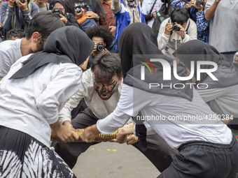 Jakarta, 01 May 2019 : Theatrical performance during the demonstration. Thousands of Labor filled Merdeka Barat Street Jakarta celebrating M...