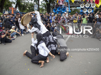 Jakarta, 01 May 2019 : Theatrical performance during the demonstration. Thousands of Labor filled Merdeka Barat Street Jakarta celebrating M...