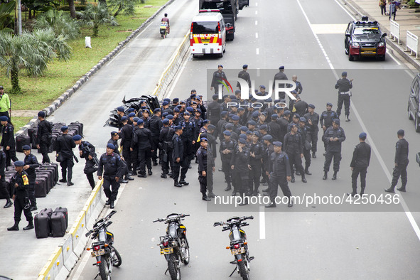 Jakarta, 01 May 2019 : Mobile Brigade Police Squad during the demonstration on guard. Thousands of Labor filled Merdeka Barat Street Jakarta...