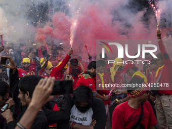 Jakarta, 01 May 2019 : Firecracker lit by labors at the end of the demonstration. Thousands of Labor filled Merdeka Barat Street Jakarta cel...