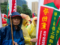 A Protester posing with a flag  between banners calling for more holidays, paid leave, more labour rights protections. During 2019 Labor Day...