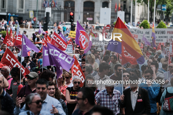 Protesters people' as they take part in the protest called by unions on occasion of May Day celebration in downtown in Madrid, Spain, 01 May...