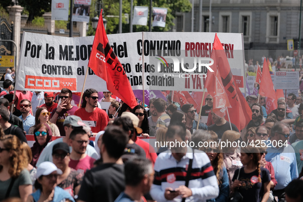 Protesters people' as they take part in the protest called by unions on occasion of May Day celebration in downtown in Madrid, Spain, 01 May...