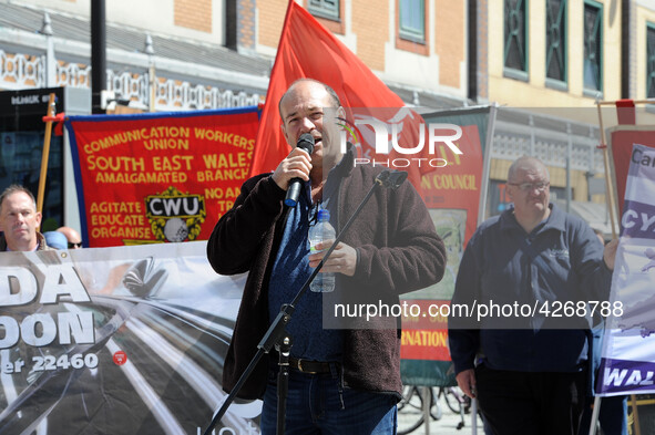 Paddy Brennan of Unite union attends May Day March And Rally In Cardiff, Wales, on 1st May 2019.  