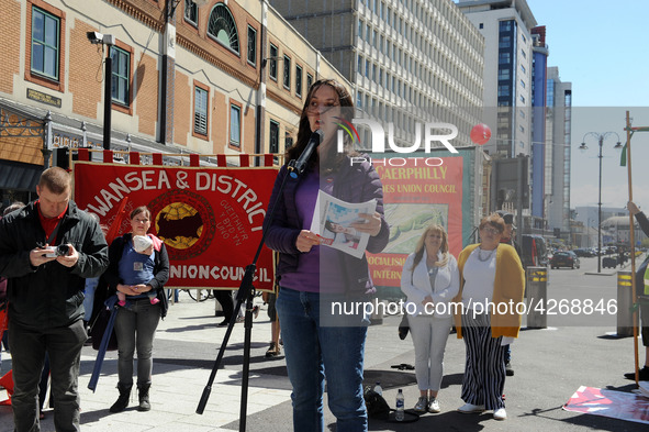 Natasha Hirst attends May Day March And Rally In Cardiff, Wales, on 1st May 2019.  