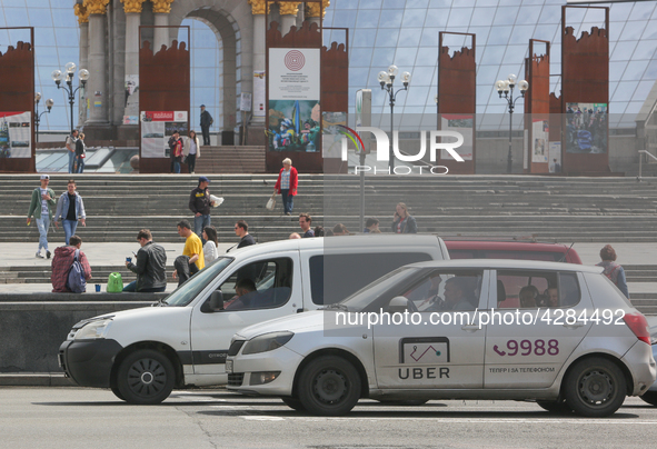 UBER taxi service vehicle drives through the Khreshchatyk street in Kyiv, Ukraine, May 7, 2019. New York Taxi Workers Alliance informs that...