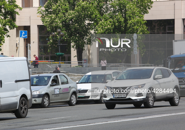 UBER taxi service vehicle is seen parked at the Khreshchatyk street in Kyiv, Ukraine, May 7, 2019. New York Taxi Workers Alliance informs th...