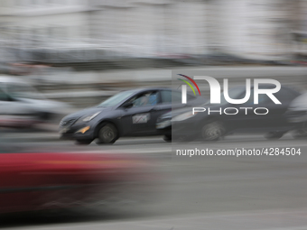 UBER taxi service vehicle drives through the Khreshchatyk street in Kyiv, Ukraine, May 7, 2019. New York Taxi Workers Alliance informs that...