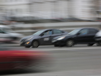 UBER taxi service vehicle drives through the Khreshchatyk street in Kyiv, Ukraine, May 7, 2019. New York Taxi Workers Alliance informs that...