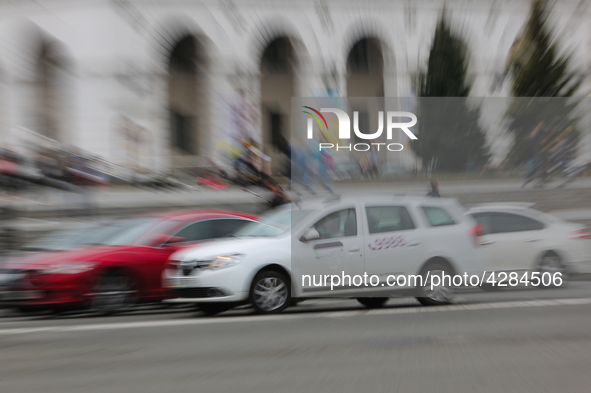 UBER taxi service vehicle drives through the Khreshchatyk street in Kyiv, Ukraine, May 7, 2019. New York Taxi Workers Alliance informs that...