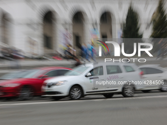 UBER taxi service vehicle drives through the Khreshchatyk street in Kyiv, Ukraine, May 7, 2019. New York Taxi Workers Alliance informs that...