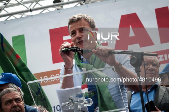 ROME, ITALY - May 11, 2019. Pierpaolo Bombardieri, Deputy General Secretary UIL speaks during the  Fai Cisl, Flai Cgil and Uila Uil protest...