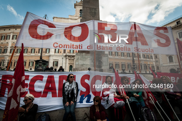 Protest of school workers in front of Palazzo di Montecitorio in Rome at the strike to demand high wage increases, stabilization of precario...