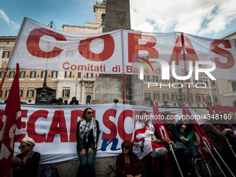 Protest of school workers in front of Palazzo di Montecitorio in Rome at the strike to demand high wage increases, stabilization of precario...