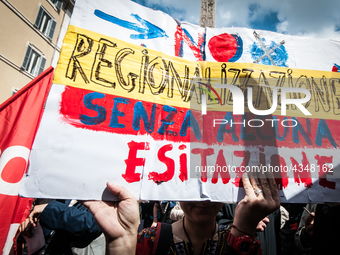 Protest of school workers in front of Palazzo di Montecitorio in Rome at the strike to demand high wage increases, stabilization of precario...