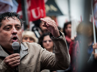 Protest of school workers in front of Palazzo di Montecitorio in Rome at the strike to demand high wage increases, stabilization of precario...