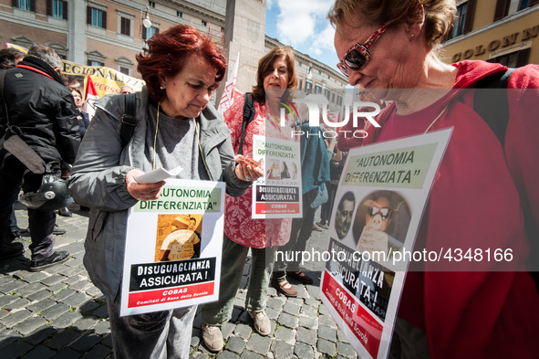 Protest of school workers in front of Palazzo di Montecitorio in Rome at the strike to demand high wage increases, stabilization of precario...