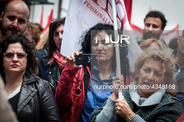 Protest of school workers in front of Palazzo di Montecitorio in Rome at the strike to demand high wage increases, stabilization of precario...