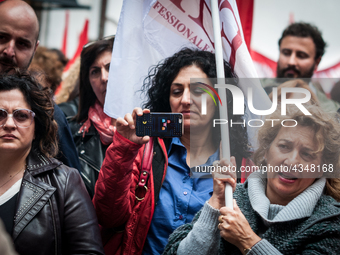 Protest of school workers in front of Palazzo di Montecitorio in Rome at the strike to demand high wage increases, stabilization of precario...