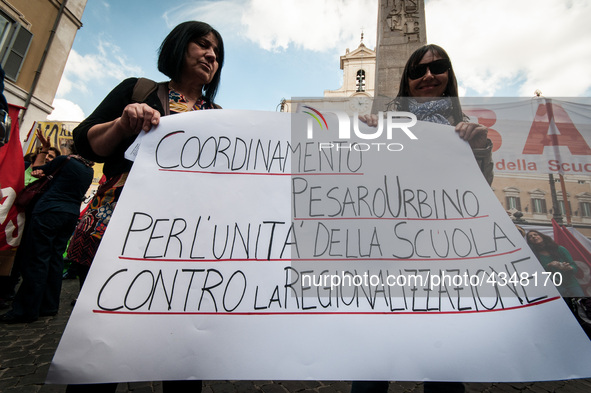 Protest of school workers in front of Palazzo di Montecitorio in Rome at the strike to demand high wage increases, stabilization of precario...