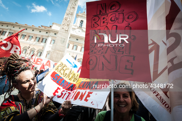 Protest of school workers in front of Palazzo di Montecitorio in Rome at the strike to demand high wage increases, stabilization of precario...