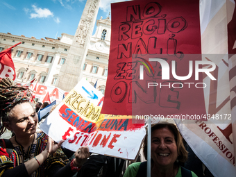 Protest of school workers in front of Palazzo di Montecitorio in Rome at the strike to demand high wage increases, stabilization of precario...