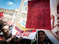 Protest of school workers in front of Palazzo di Montecitorio in Rome at the strike to demand high wage increases, stabilization of precario...